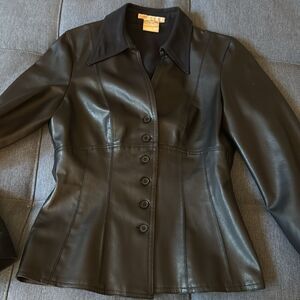 Vintage Vertigo Paris Faux Leather Fitted Black Jacket with Ultra Suede Collar.